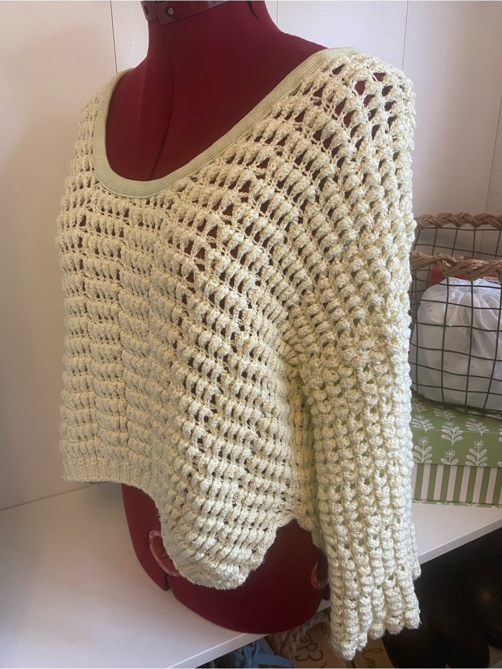 Free People Open-Weave Scoop-Neck Sweater in Light Green